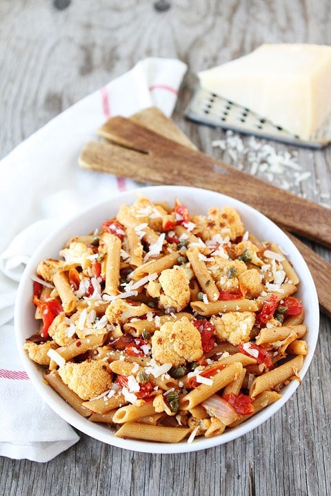 Penne with Roasted Cauliflower and Lemon Vinaigrette Recipe on twopeasandtheirpod.com Love this healthy pasta dish!