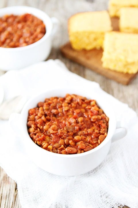 Slow Cooker Lentil Chili Recipe on twopeasandtheirpod.com Warm up with a bowl of healthy chili! 