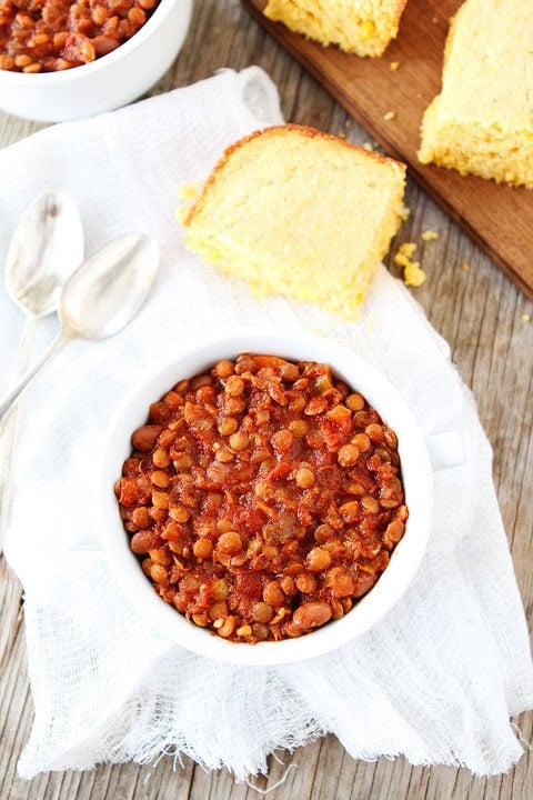 Slow Cooker Lentil Chili Recipe on twopeasandtheirpod.com Love this healthy chili!