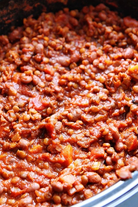 Slow Cooker Lentil Chili Recipe on twopeasandtheirpod.com Love this easy chili recipe!