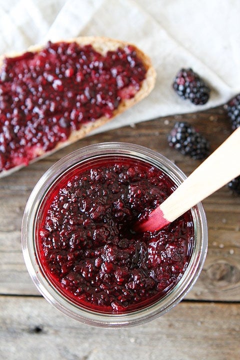 Blackberry Chia Seed Jam Recipe on twopeasandtheirpod.com No canning involved for this easy jam recipe!