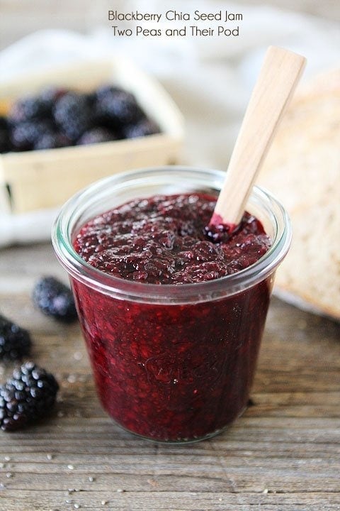 Blackberry Chia Seed Jam Recipe on twopeasandtheirpod.com This healthy jam only takes 20 mins. to make!