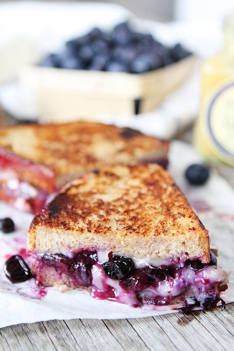 Blueberry, Brie and Lemon Curd Grilled Cheese Recipe on twopeasandtheirpod.com This sweet grilled cheese is AMAZING! 