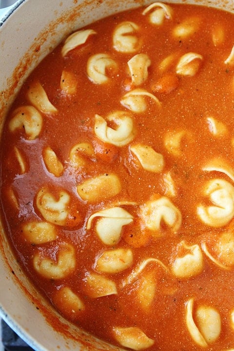 tomato tortellini soup in large soup pot