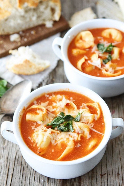 Tortellini Soup in small soup bowls ready for serving 