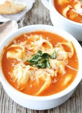 creamy tortellini soup in soup bowl garnished with basil