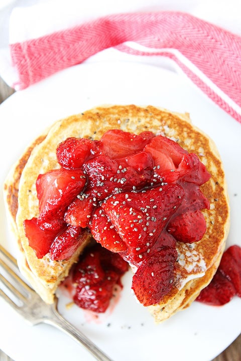 Lemon Chia Seed Pancakes with Roasted Strawberries Recipe on twopeasandtheirpod.com LOVE these pancakes!