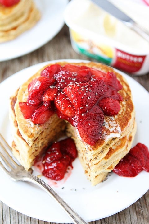 Lemon Chia Seed Pancakes with Roasted Strawberries Recipe on twopeasandtheirpod.com Love these healthy pancakes!