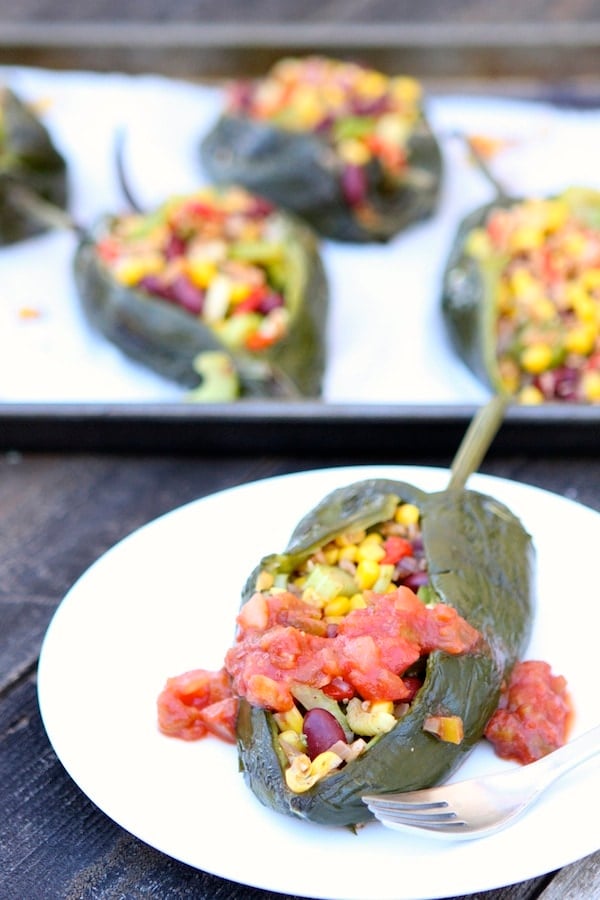 Stuffed Poblano Pepper Recipe on twopeasandtheirpod.com Love this meatless meal!
