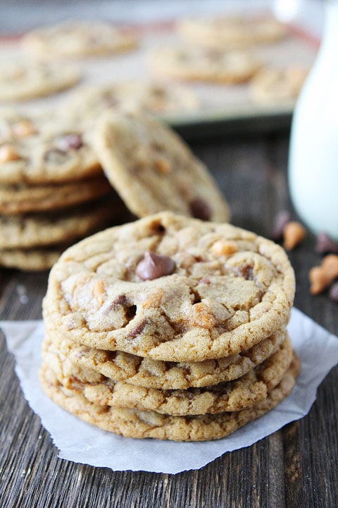 Butterscotch, Toffee, Chocolate Chip Cookie Recipe on twopeasandtheirpod.com. These cookies have it all! A MUST make!