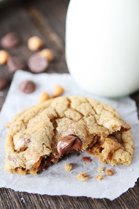 Butterscotch, Toffee, Chocolate Chip Cookie Recipe on twopeasandtheirpod.com. These cookies are a favorite at our house! 