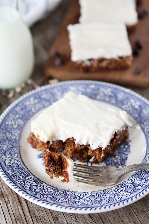 Chocolate Chip Oatmeal Cake with Cream Cheese Frosting Recipe on twopeasandtheirpod.com Love this easy cake!