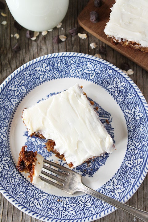 Chocolate Chip Oatmeal Cake with Cream Cheese Frosting Recipe on twopeasandtheirpod.com A family favorite!