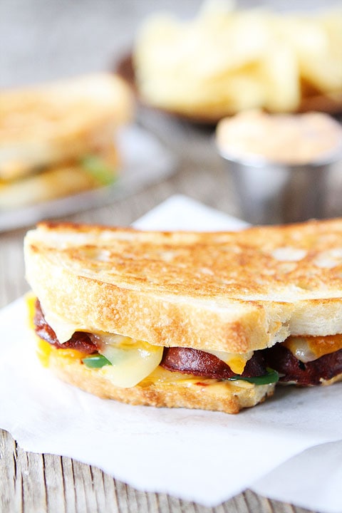 Chorizo Grilled Cheese with Chipotle Mayo Recipe on twopeasandtheirpod.com This sandwich is great for lunch or dinner!