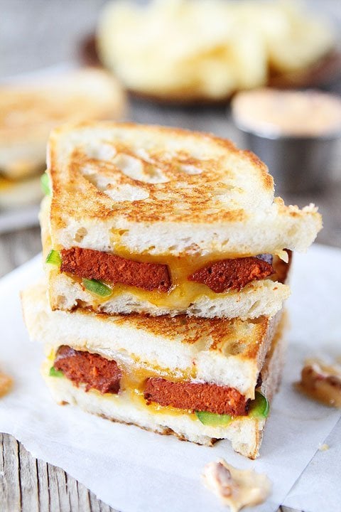 Chorizo Grilled Cheese with Chipotle Mayo Recipe on twopeasandtheirpod.com Cheesy, spicy, and SO good!