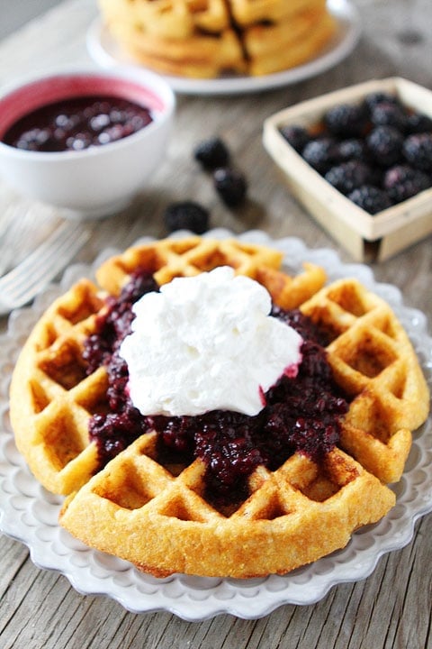 Cornmeal Waffles with Blackberry Compote Recipe on twopeasandtheirpod.com. A MUST make!
