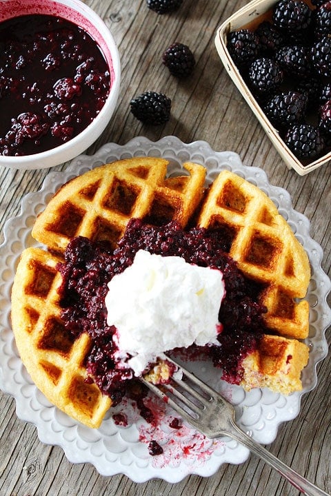 Cornmeal Waffles with Blackberry Compote Recipe on twopeasandtheirpod.com. #recipe #breakfast