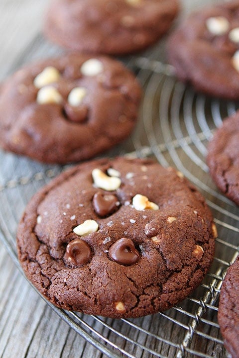 Double Chocolate Hazelnut Cookies with Sea Salt Recipe on twopeasandtheirpod.com I am in love with these cookies! They are divine!