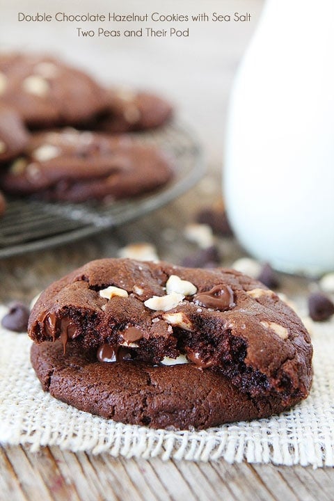 Double Chocolate Hazelnut Cookies with Sea Salt Recipe on twopeasandtheirpod.com LOVE these decadent cookies!