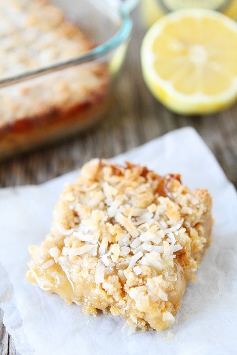 Lemon Coconut Crumb Bars Recipe on twopeasandtheirpod.com A great dessert for spring and Easter!