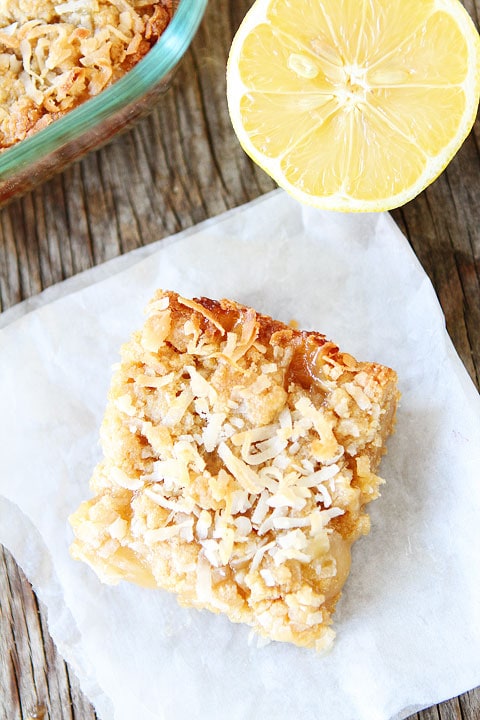 Lemon Coconut Crumb Bars Recipe on twopeasandtheirpod.com The coconut takes these lemon bars over the top!