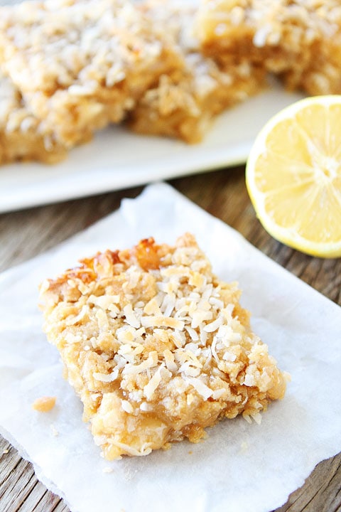 Lemon Coconut Crumb Bars Recipe on twopeasandtheirpod.com Love these easy lemon bars!