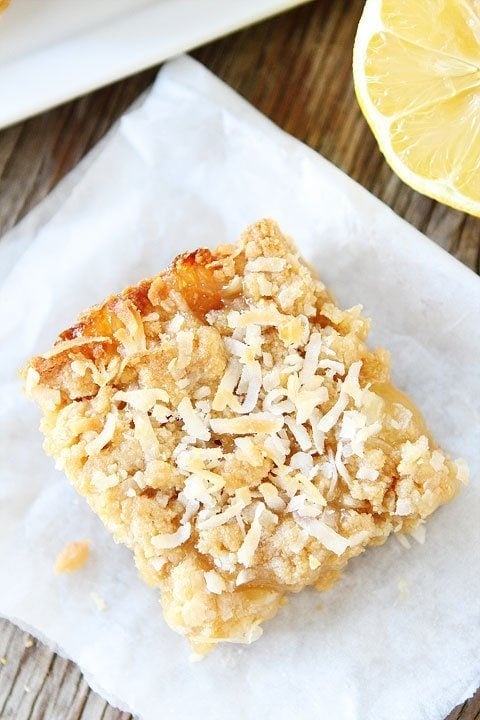 Lemon Coconut Crumb Bars Recipe on twopeasandtheirpod.com These bars are easy to make and SO good!