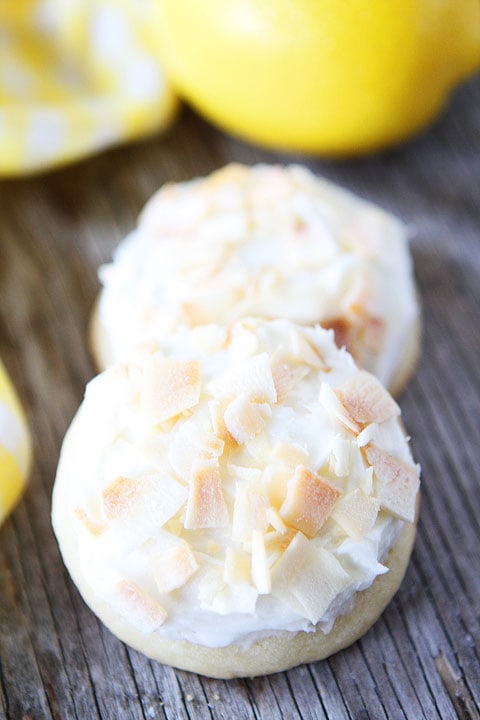 Lemon Cookies with Toasted Coconut Frosting Recipe on twopeasandtheirpod.com The perfect cookies for spring!