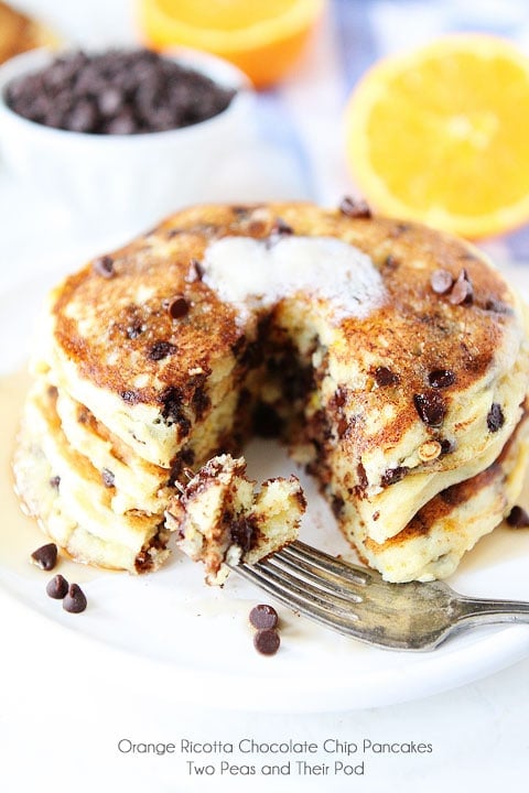 Orange Ricotta Chocolate Chip Pancake Recipe on twopeasandtheirpod.com The perfect pancakes!