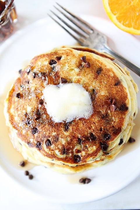 Orange Ricotta Chocolate Chip Pancake Recipe on twopeasandtheirpod.com