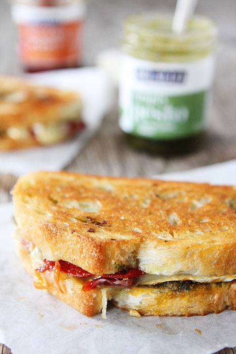 Pesto, Brie, and Sweet Pepper Grilled Cheese Sandwich Recipe on twopeasandtheirpod.com LOVE this sandwich!