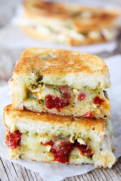 Pesto, Brie, and Sweet Pepper Grilled Cheese Sandwich Recipe on twopeasandtheirpod.com Grilled cheese perfection! 