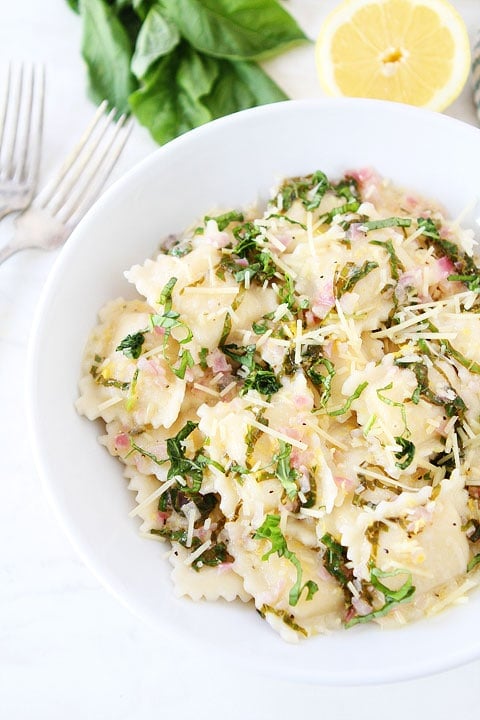 Cheese Ravioli with Lemon Basil Butter Sauce Recipe on twopeasandtheirpod.com This quick and easy recipe is a favorite at our house! LOVE the simple butter sauce!