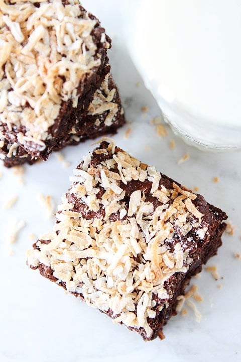 Coconut Brownie Recipe on twopeasandtheirpod.com. Love the chocolate and coconut combo! These fudgy brownies are divine!