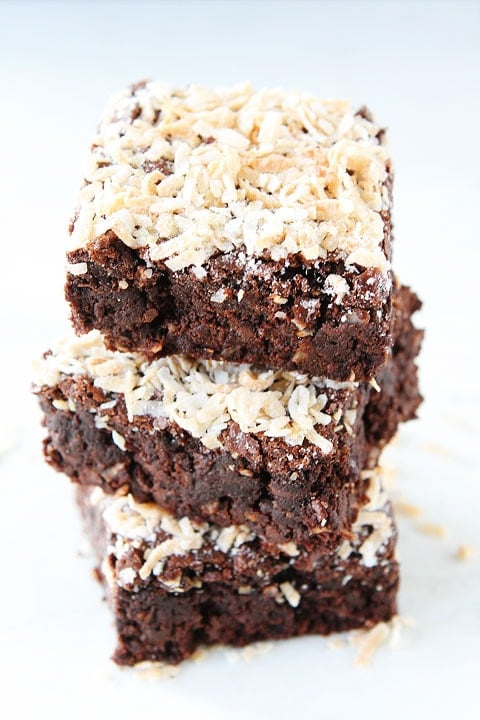 Coconut Brownie Recipe on twopeasandtheirpod.com. Love the chocolate and coconut combo! These fudgy brownies are divine! #brownies #coconut