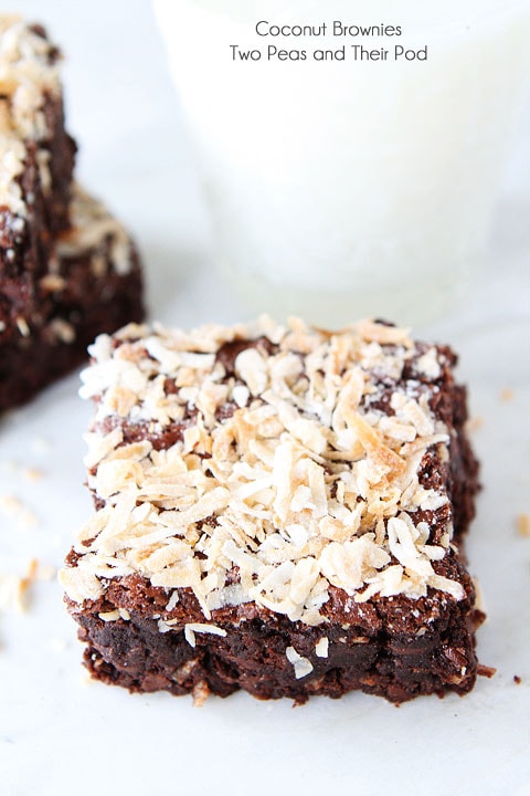 Coconut Brownie Recipe on twopeasandtheirpod.com. Love the chocolate and coconut combo! These fudgy brownies are divine! #brownies #coconut