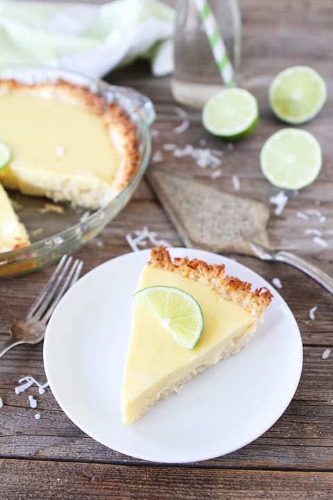 Key Lime Pie with Coconut Macaroon Crust Recipe on twopeasandtheirpod.com. I love the coconut macaroon crust! A fantastic key lime pie recipe! #pie #recipe