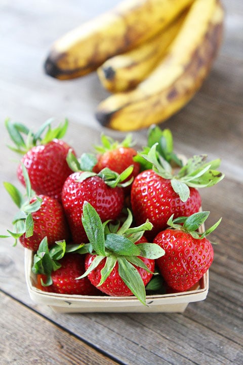 fresh strawberries and ripe bananas for strawberry banana muffins