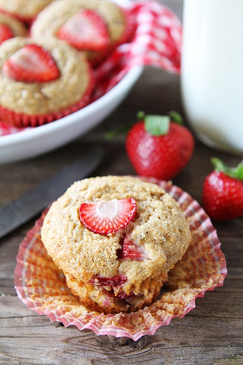 Strawberry Banana Muffins served with glass of milk