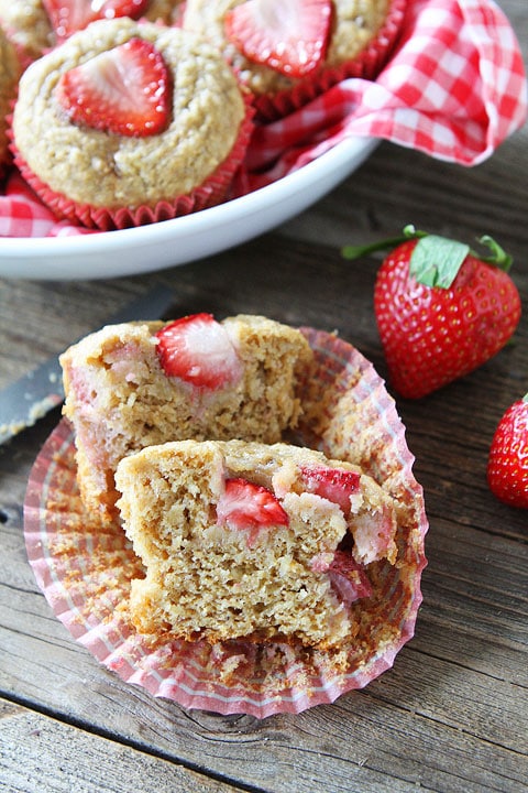 Banana Muffins with strawberries are a great way to use up bananas