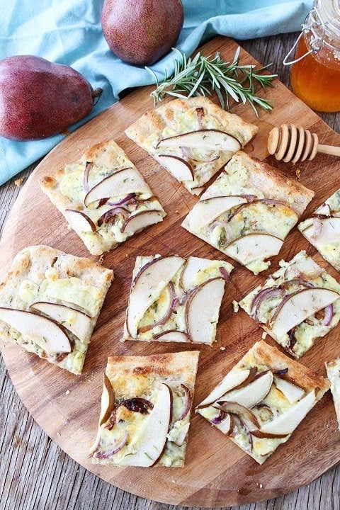 Pear and Blue Cheese Flatbread Recipe on twopeasandtheirpod.com. Great as an appetizer or serve as a main dish with a salad! 