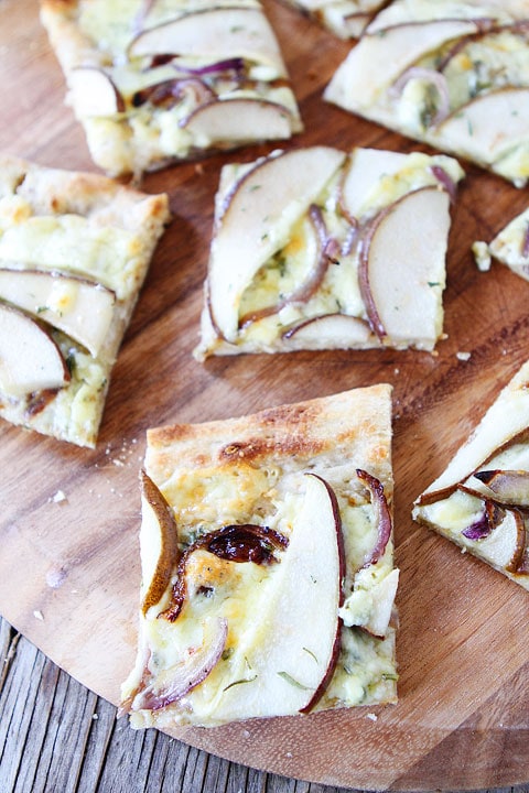 Pear and Blue Cheese Flatbread Recipe on twopeasandtheirpod.com. Great as an appetizer or serve as a main dish with a salad! #appetizer #vegetarian