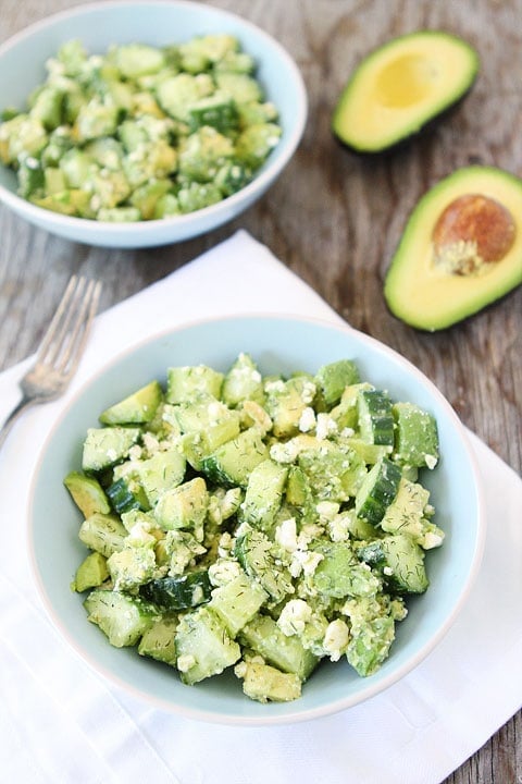 Cucumber, Avocado, and Feta Salad Recipe on twopeasandtheirpod.com. This fresh and simple salad only takes 5 minutes to make! #salad #glutenfree #vegetarian