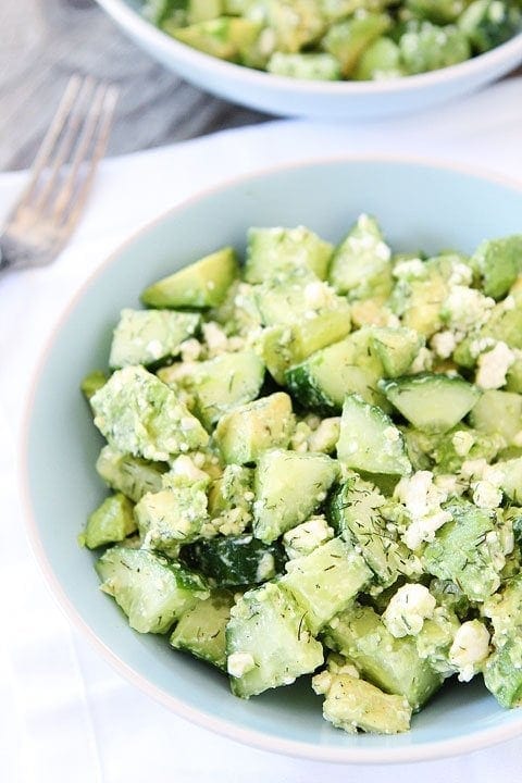 Cucumber, Avocado, and Feta Salad Recipe on twopeasandtheirpod.com. This fresh and simple salad is perfect for summer! #salad #glutenfree 