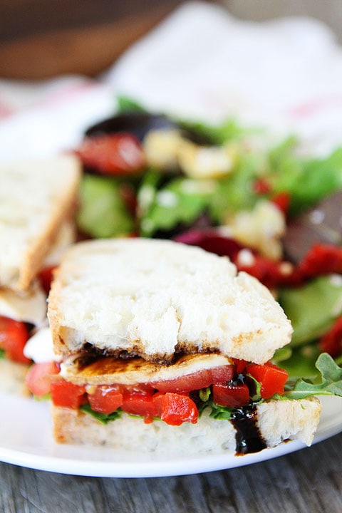 Roasted Red Pepper, Arugula, and Mozzarella Sandwich on plate