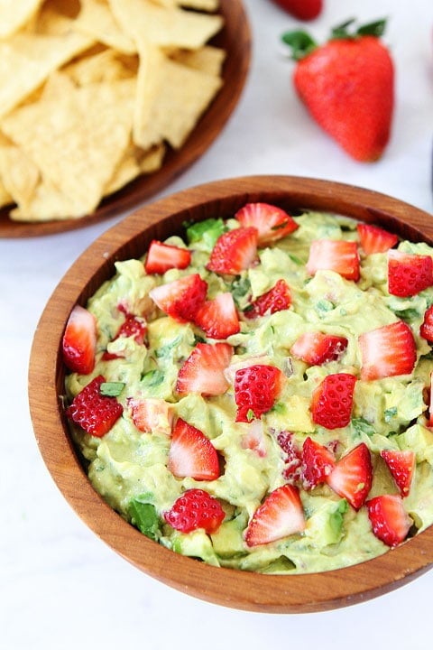 Strawberry Goat Cheese Guacamole Recipe on twopeasandtheirpod.com. Love this creamy and fruity guacamole! #avocado #glutenfree