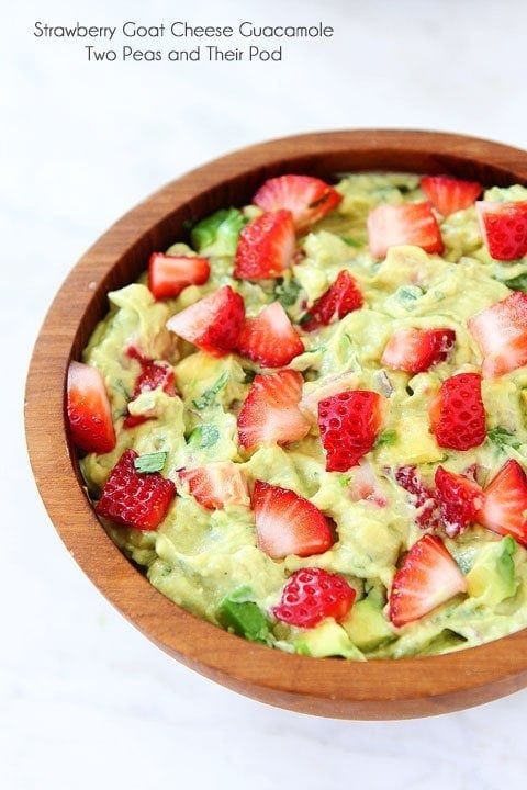 Strawberry Goat Cheese Guacamole Recipe on twopeasandtheirpod.com. Love this creamy and fruity guacamole!