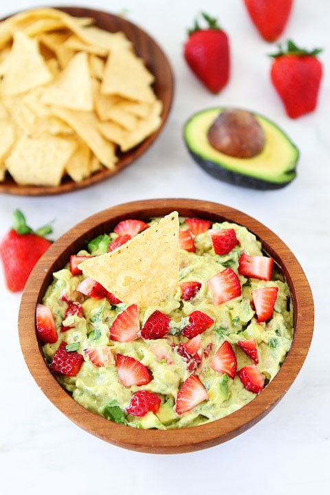 Strawberry Goat Cheese Guacamole Recipe on twopeasandtheirpod.com. Love this guacamole recipe! Great for parties! 