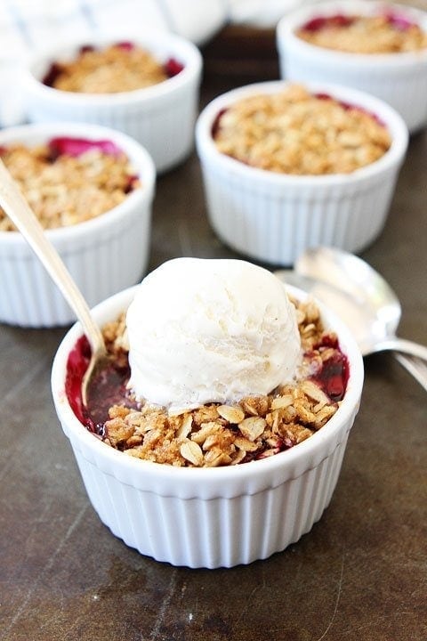 Rhubarb Triple Berry Crisp Recipe is sweet and tart and the perfect dessert for spring