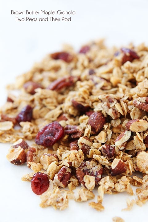 Brown Butter Maple Granola Recipe on twopeasandtheirpod.com. The BEST homemade granola recipe! 